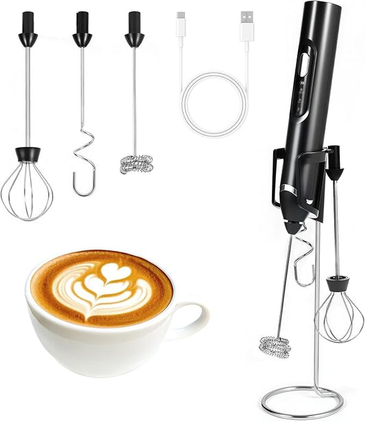 Milk Frother Handheld with Stand,Rechargeable Coffee Frother Wand with 3 Detachable Stainless Steel Whisk Heads, Hand Electric Mixer for Latte, Cappuccino,Matcha,Protein（Black）