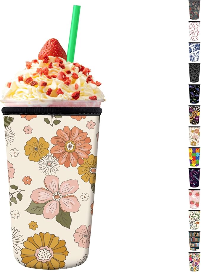 Reusable Neoprene Insulator Sleeve for Iced Coffee Cups, Medium 22-28oz Durable Drink Sleeve for Cold Beverages, Cute Beverage Holder Cup Sleeve for Women Men Cute Pink Floral
