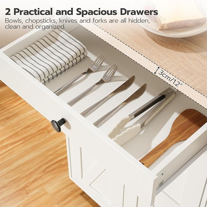 HOOBRO Kitchen Island with Power Outlet,43.3" Rolling Kitchen Island with Storage, Rolling Cart with Spice Rack and Hooks, for Dining, Living Room, White and Natural WN11UZD01