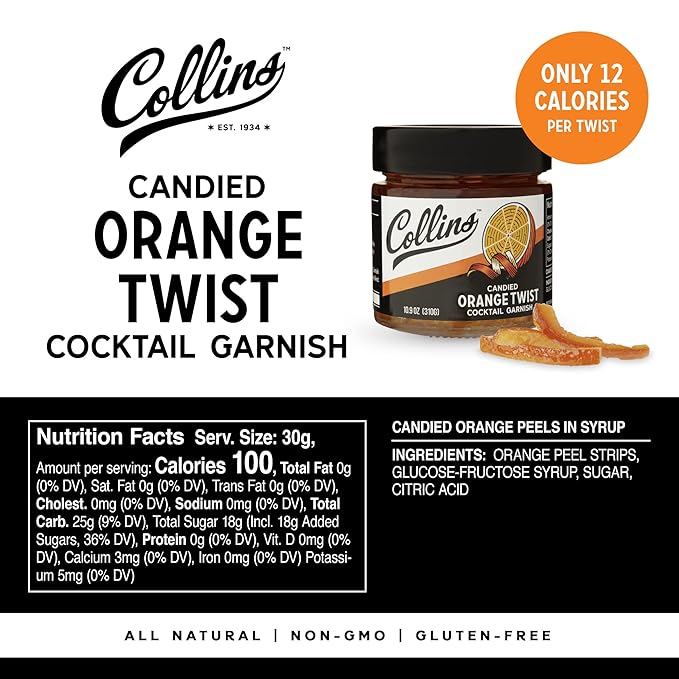 Collins Candied Fruit Orange Peel Twist in Syrup, Popular Cocktail Garnish for Skinny Margarita, Martini, Mojito, Orange Peel for Old Fashioned Drinks, Baking, Desserts, Salad, 10.9 oz