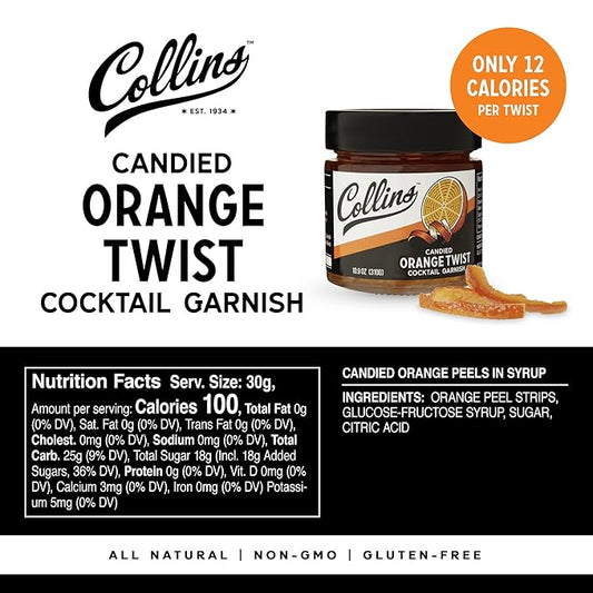 Collins Candied Fruit Orange Peel Twist in Syrup, Popular Cocktail Garnish for Skinny Margarita, Martini, Mojito, Orange Peel for Old Fashioned Drinks, Baking, Desserts, Salad, 10.9 oz