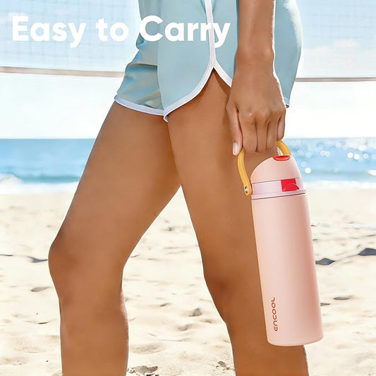 Insulated Water Bottle with Straw - Encool Stainless Steel Water Bottle with Push Button Lid, Leak-Proof & BPA-Free, Keeps Cold for 24 Hours for Sports, Travel, Gym (24 oz, Pink Daisy-Red)