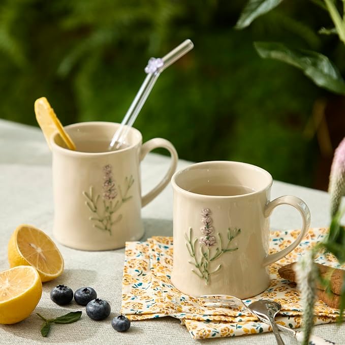Artisanal Handcrafted Ceramic Mug with Sage Botanical Design - 10oz Off-White Stoneware Coffee Cup, Elegant Purple Sage Pattern, Dishwasher Safe, Comfort Grip Handle for Daily Use-2pack