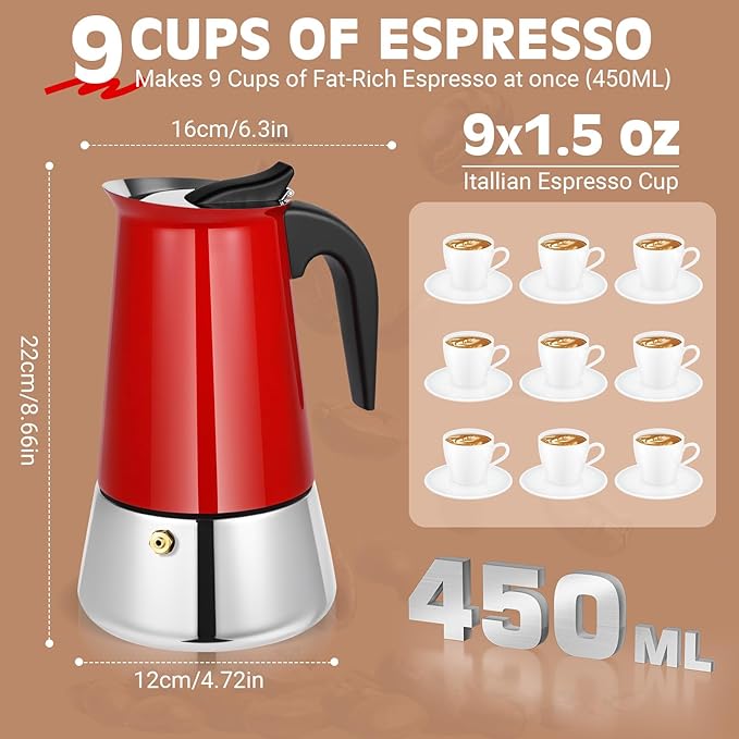 Suiitat Moka Pot, 9 Cups (15.9 oz) Stovetop Espresso Maker, 304 Stainless Steel Moka Pot, Induction Compatible, Red