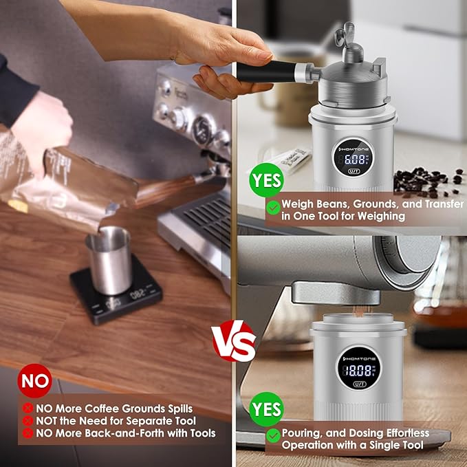HOMTONE Dosing Cup & Coffee Scale Combo,One-touch Easy Control, Multi-Purpose for Espresso, Drip Coffee, French Press& More – Fits 58mm Portafilters, Waterproof & Easy Cleaning (silver)