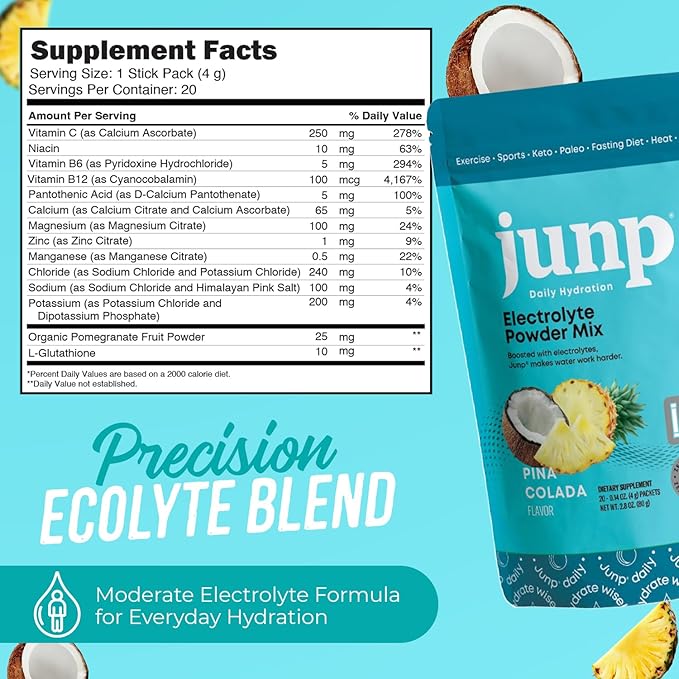JUNP Sugar Free Electrolytes Powder Packets for Water Instant Hydration Packets with Salt & Potassium, Zero Calorie, No Carbs No Sugar Electrolyte Drink Mix Sticks, Keto Friendly, Pina Colada 5 Pack