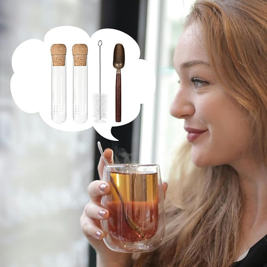 2 PCS Glass Tea Infusers for Loose Tea——Reusable Round filter holes Tea Glass Strainers with Cork Lid & Teaspoon & Cleaning Brus