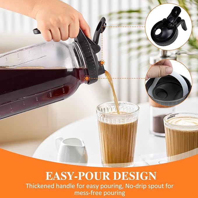 64oz Wide Mouth Mason Jar Pitcher with Handle & Flip Lid, Heavy Duty Glass Cold Brew Coffee Maker, Airtight Leak-Proof Pitcher for Iced Tea, Juice, Lemonade