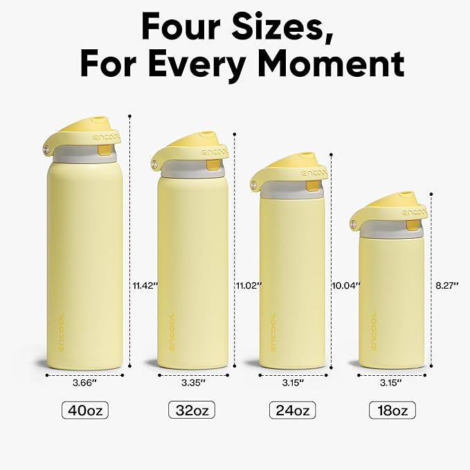 ENCOOL Leakproof Insulated Water Bottle with Straw Dual-Sip Water Bottle Bag-Safe Design for Work, Commute & Gym – Keeps Drinks Cold All Day, 24 oz, Butter Yellow