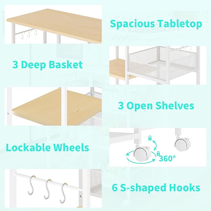HapiRm Rolling Kitchen Carts with Storage - Microwave Table Stand with 6 Hooks & 3 Baskets, kitchen Island Cart on Lockable Wheels, 28.3" L × 14.6" W Bakers Rack Cart for Dining Room Coffee Bar Office