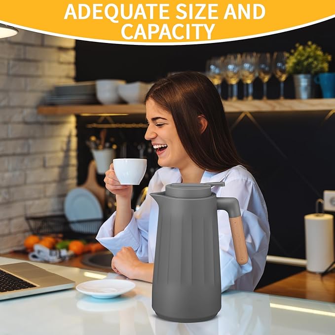 2 Pcs 34 oz Thermal Coffee Carafe for Keeping Hot/Cold Double Wall Vacuum Carafe with Insulated Glass Liner and Wood Handle Coffee Pot Container for Drinks Milk Tea Chocolates(Gray)