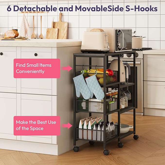 SWTYMIKI Kitchen Island Cart on Wheels - 4 Tier Rolling Kitchen Table Cart with Storage Shelves, 6 Removable Hooks& Locking Casters, Coffee Bar Cabinet for Dining Room Pantry Office, Black
