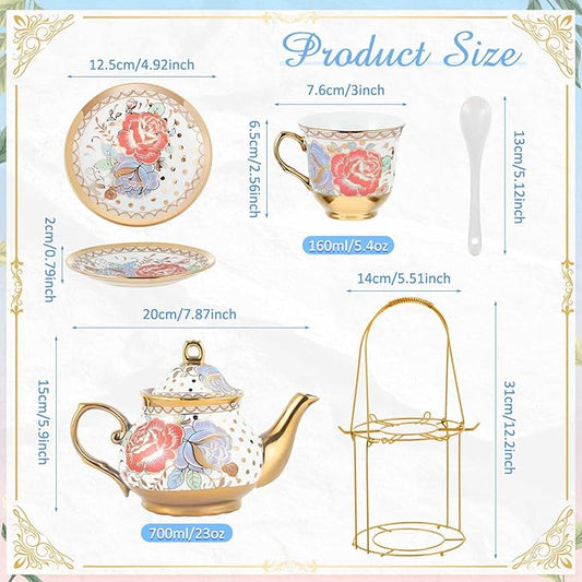 Zhehao 20 Pcs Porcelain Tea Set with Metal Holder and Spoon Adult Ceramic Tea Set European Flower Painting Teapot Cup Saucer Spoon for Women, Large Version(Romantic Style)