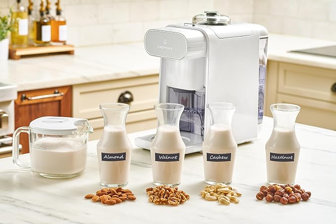 ChefWave Milkmade Soy Milk Maker (Silver/White) 6-in-1 Vegan Plant-Based Milk Machine with Auto Clean, and Delay Start, Almond, Oat, Soy, Cashew, Coconut, Macadamia Milk Maker with Nut Platter