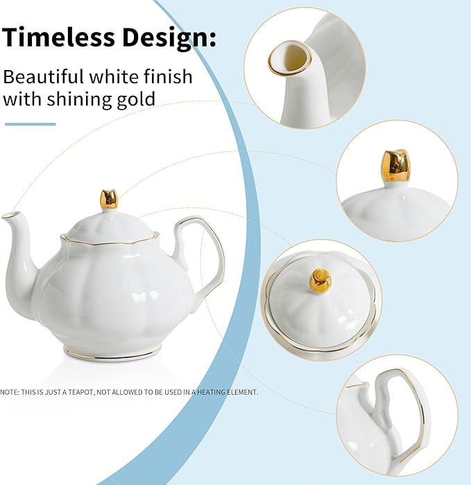 27oz White Porcelain Teapot with Gold Trim, Classic Ceramic Teapot for Loose Leaf Tea & Tea Bags, Elegant Small Teapots for Daily Use or Gifts