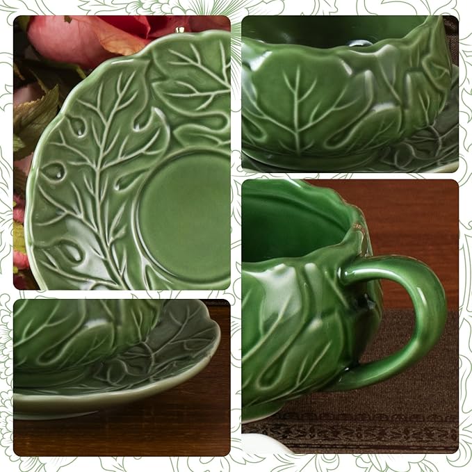 KAMMAK Tea Cups and Saucers Set of 2, Porcelain Coffee Cups, 10-Ounce Stackable Espresso Mugs, Ceramic Demitasse for Coffee, Latte, Americano, Tea, Lucky Green