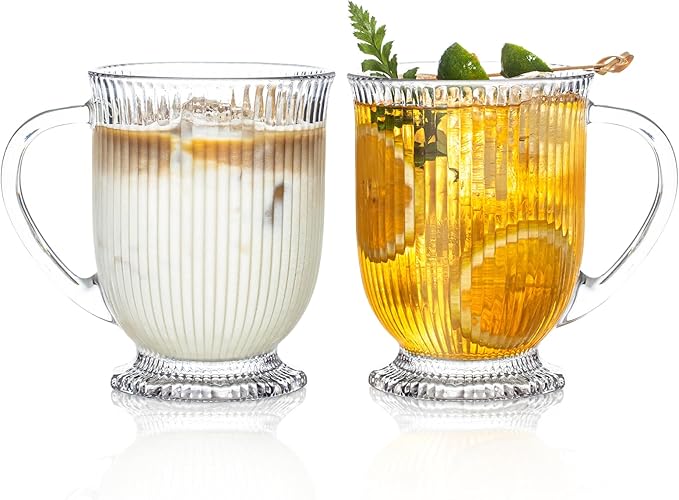 KEMORELA Ribbed Glass Coffee Mug Set, 16oz Clear Glass Mugs with Handle, Bar Accessories, Durable Drinkware for Hot Beverages, Set of 2 Coffee Mugs