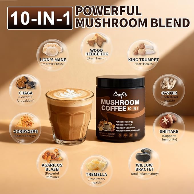 Catfit Instant Mushroom Coffee Powder, 10-in-1 Adaptogen Blend with Lion's Mane, Chaga & Cordyceps for Energy, Focus, Gut Health & Immune Support - 320g, 100 Servings