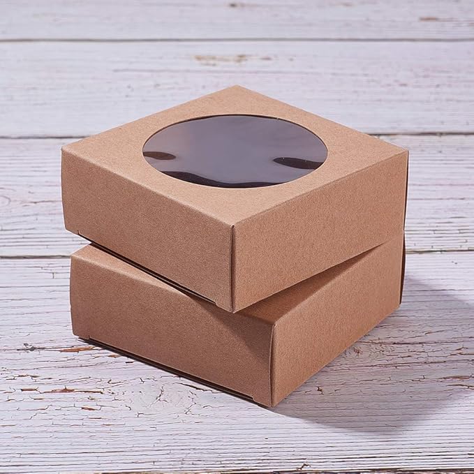 BENECREAT 24 Packs Brown Kraft Square Paper Boxes Gift Wrapping Box with Round Clear Window 4x4x0.9 for Party Favor Treats, Jewelry, Gift Packaging