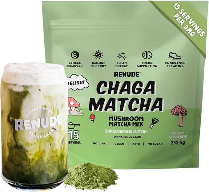 Renude Chaga Matcha - Chaga Mushroom Powder, Superfood Drink Mix with Adaptogens, Ceremonial Grade Mushroom Matcha, Keto, Vegan, Sugar Free, Natural Energy & Immune Support - 15 Servings per Bag