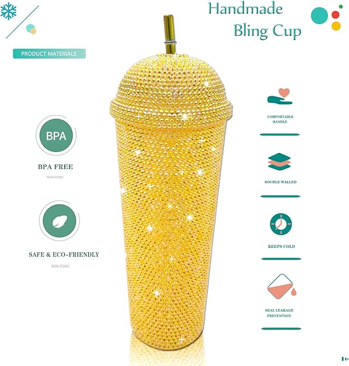 24oz Bling Cup Handmade Rhinestones Studded Tumbler Double Wall Insulated Plastic Reusable Water Bottle with Lid and Straws for Home Office Party Beach(Golden)