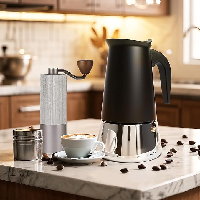 Suiitat Moka Pot, 9 Cups (15.9 oz) Stovetop Espresso Maker, 304 Stainless Steel Moka Pot, Induction Compatible, Black