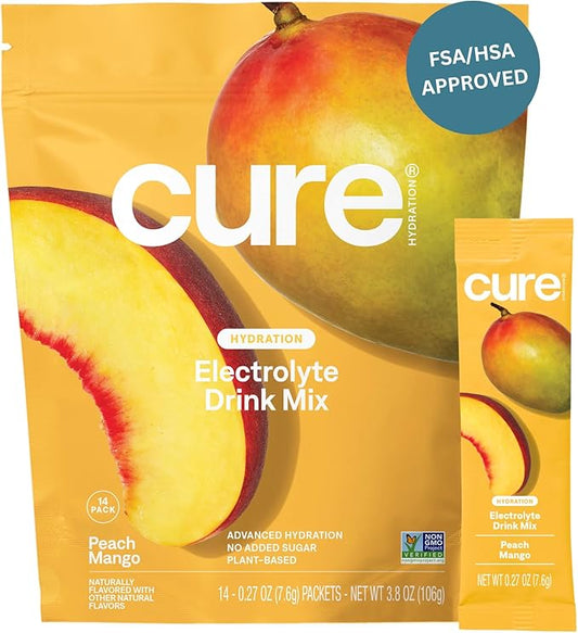 Cure Hydration | Plant-Based Electrolyte Drink Mix | No Added Sugar | Dehydration Relief Powder Made with Coconut Water | Non-GMO | Vegan | Pouch of 14 Packets - Peach Mango