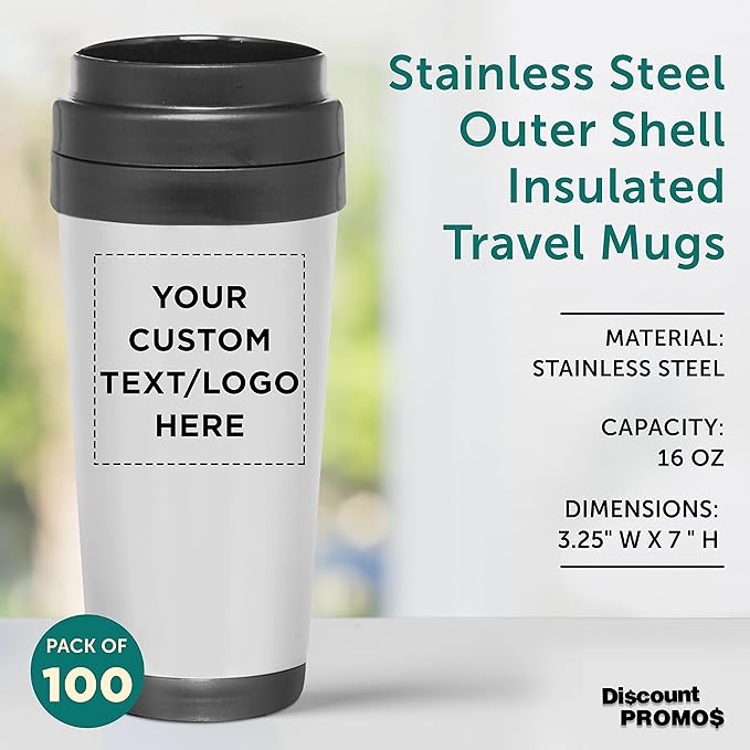 Custom Insulated Stainless Steel Travel Mugs 16 oz. Set of 100, Personalized Bulk Pack - Perfect for Iced Coffee, Soda, Other Hot & Cold Beverages - Stainless Steel