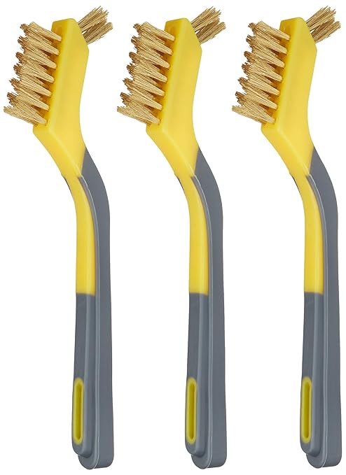 Amazon Basics Brass Mini Brushes for Cleaning, Soft Grip, 1/2 inch, Yellow/Grey, 3-Pack
