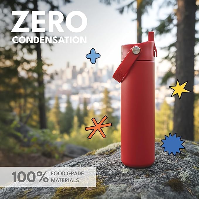 Elemental 24oz Insulated Water Bottle with Straw - 100% Leak-Proof Stainless Steel Core Water Bottles for Travel, Sports and Gym - Double Wall Insulation & BPA Free - Red