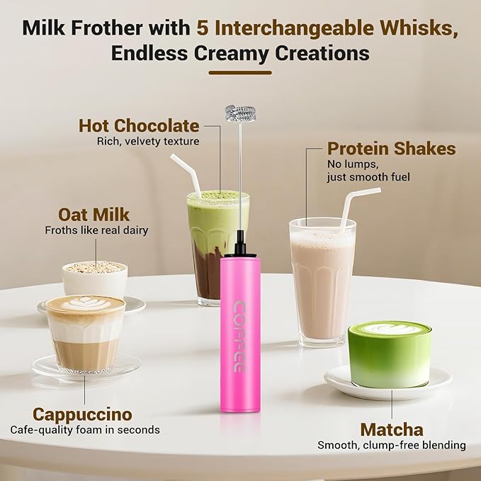 Milk Frother Handheld Rechargeable - 2-Speed Electric Whisk with 5 Detachable Heads (Frother/Mixer/Whisk) for Coffee, Latte, Cappuccino & Matcha, Drink Mixer (Flower 10)