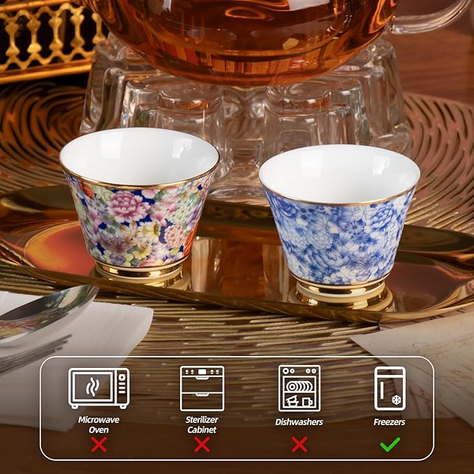 KAMMAK Ceramic Teacups - 65ml/2oz Coffee Cup - Set of 2 Hand-Painted Ceramic Cups - Small Vintage Mate Cup - Cute Mugs for Women - Ideal for Birthday, Afternoon Tea & Housewarming Gifts