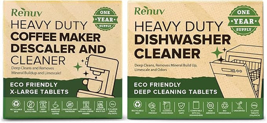 Renuv® Coffee Maker Cleaner + Dishwasher Cleaner Bundle - Heavy Duty Kitchen Appliance Deep Cleaning and Descaling, (12 Tablets of each)