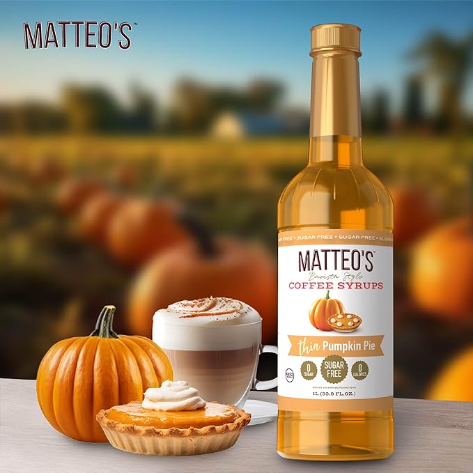 Matteo's Pumpkin Pie Syrup for Coffee, Lattes, Cappuccinos & Desserts – Sugar-Free Sweetener for Beverages, Keto Friendly, Zero Calories, Indulgent Flavor, Non-Alcoholic, 33.8oz (1pk)