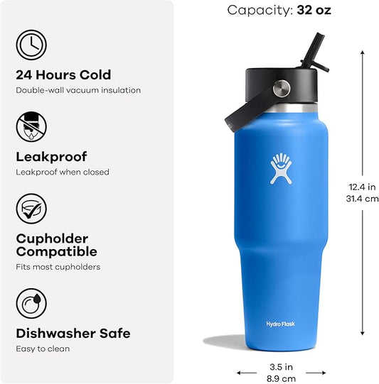Hydro Flask Travel Water Bottle - Insulated Stainless Steel - Wide Straw Lid, Non Spill, Leakproof in 32 Oz Moonshadow