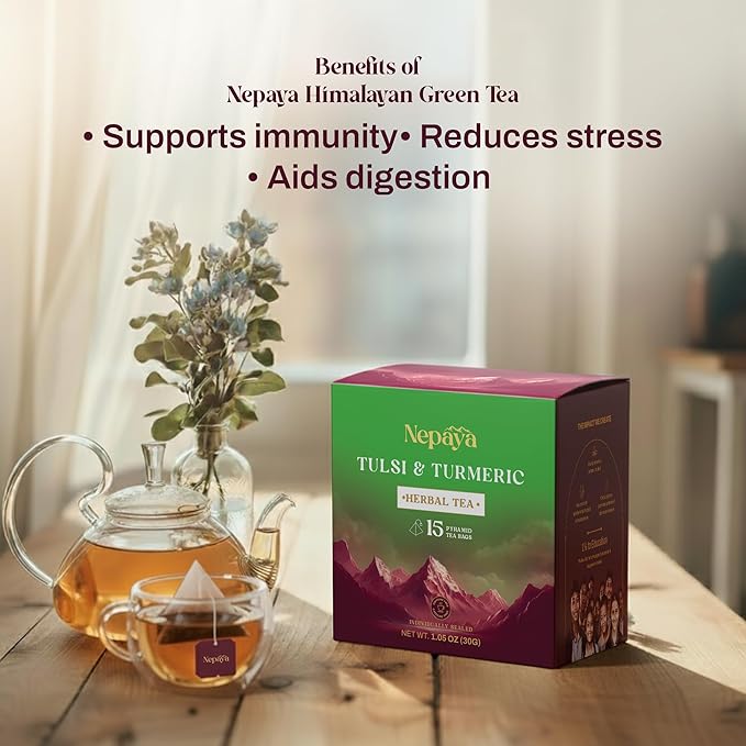 Nepaya Tulsi & Turmeric Herbal Tea – 15 Pyramid Tea Bags, Holy Basil Blend with Cinnamon & Black Pepper, Biodegradable, Caffeine-Free, Himalayan Tisane