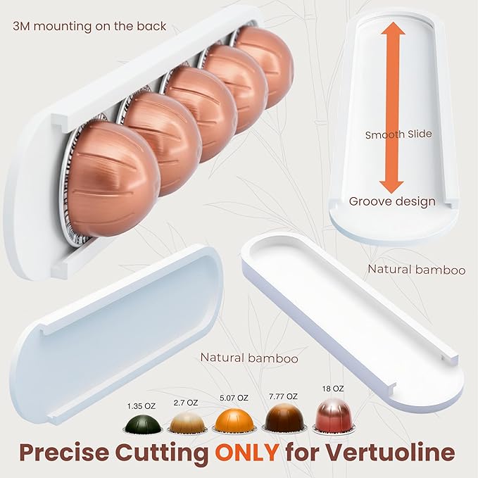 Bamboo Coffee Pod Holder, Adhesive Wall Mount (No Drilling) for Inside Cabinet Door, 20-Capsule Storage (Set of 4), Vertical & Horizontal, Compatible with Nespresso Vertuo Line-White