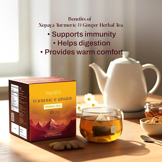 Nepaya Turmeric Ginger Herbal Tea – 15 Pyramid Tea Bags, Biodegradable, Caffeine-Free, Warm & Spicy, Himalayan Blend, Gluten-Free