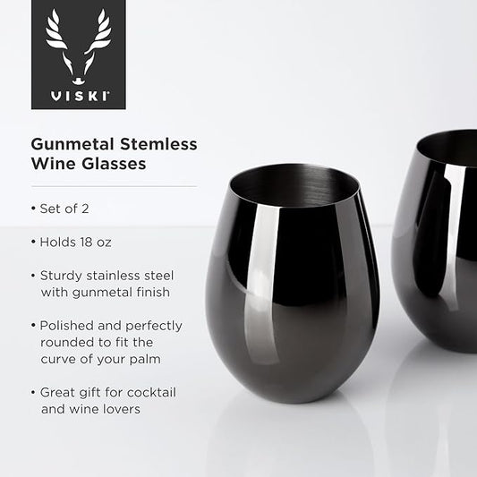 Viski Gunmetal Stainless Steel Wine Glasses, Modern Wine Tumblers, Elegant Drinking Glasses for Red and White Wines, Wedding Gifts, Holiday, Birthday Party, Home Bar, Drinkware Set of 2, 18 oz, Black