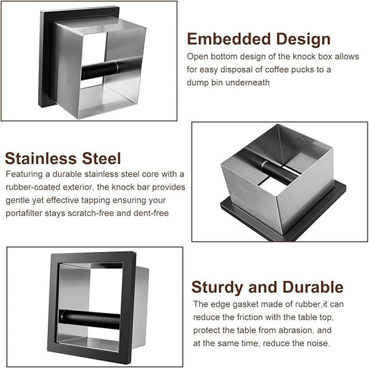 Bottomless Knock Box Espresso, Embedded Coffee Knock Box, Stainless Steel Countertop Espresso Grounds Container for Commercial Cafes Restaurants Home (5.44 x 5.91”)