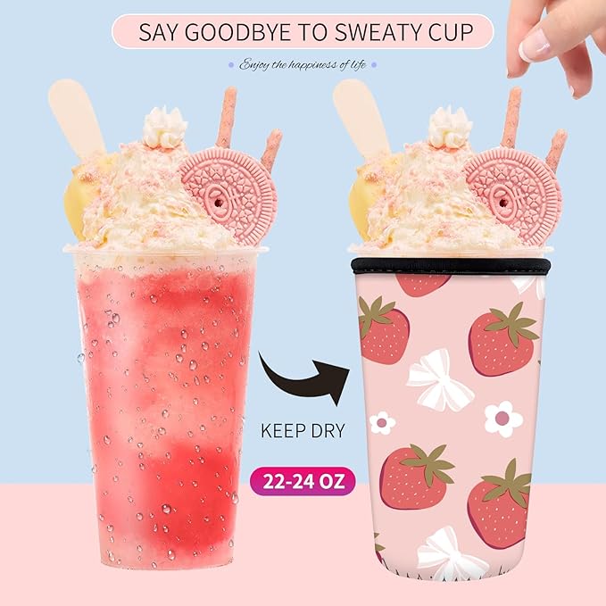 Reusable Neoprene Insulator Sleeve for Iced Coffee Cups, Medium 22-28oz Durable Drink Sleeve for Cold Beverages, Cute Beverage Holder Cup Sleeve for Women Men Cute Pink Strawberry
