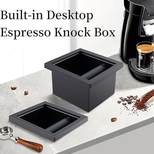 Espresso Knock Box Chute, Stainless Steel Built-in Desktop Coffee Knock Box with Detachable Rubber Rod, Rectangle Bottomless Espresso Knock Box (Black)