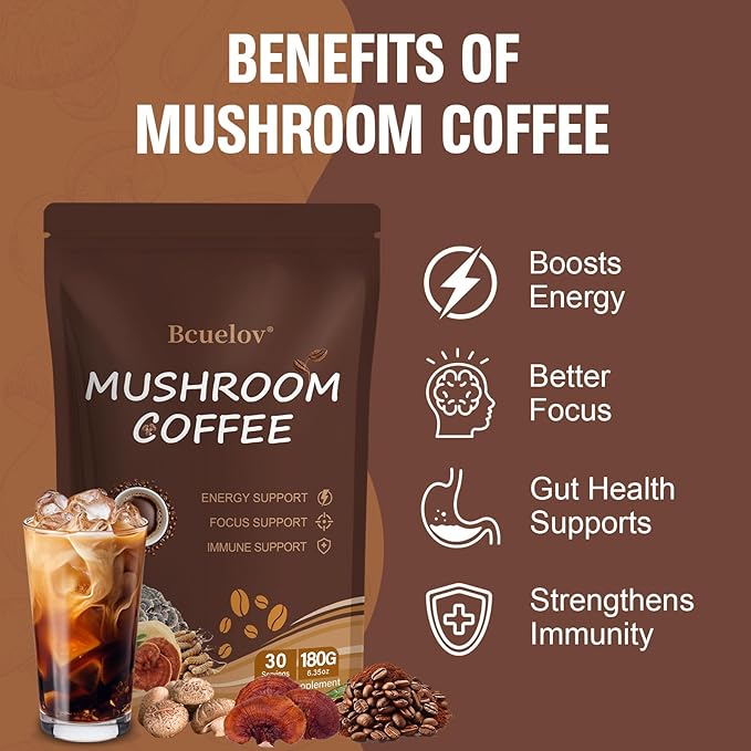 2 Bag Mushroom Coffee, Instant Mushroom Coffee Powder with 6 Adaptogenic Mushrooms (Cordyceps, Lion’s Mane, Shiitake, Turkey Tail) and MCT Oil for Better Energy, Focus, Immune Support - 60 Servings