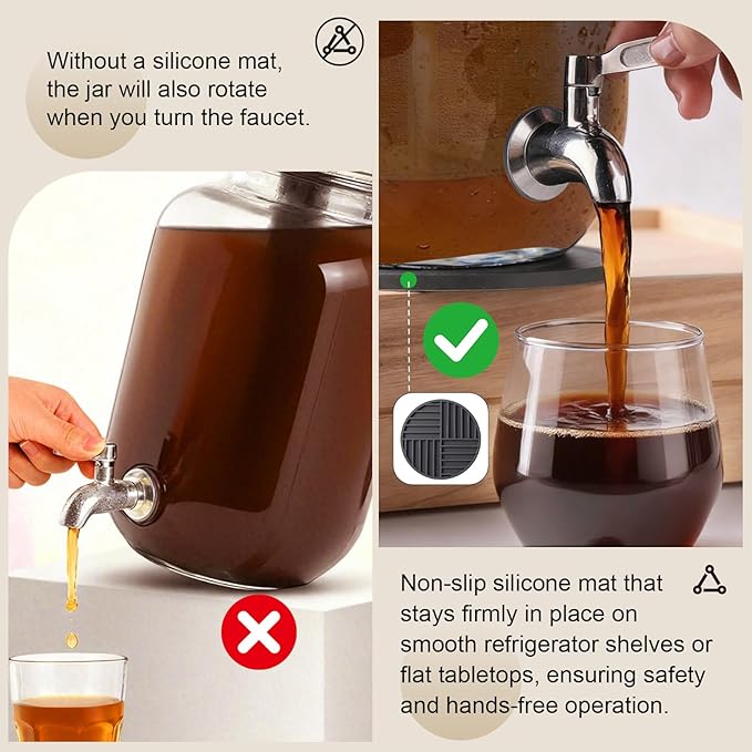 Cold Brew Coffee Maker With Silicone Mat, Cold Brew Pitcher,1 Gallon Glass Pitcher With Stainless Steel Filter,304 Stainless Steel Leak-Proof Spigot,Large Iced Coffee Maker for Home, Easy to Use