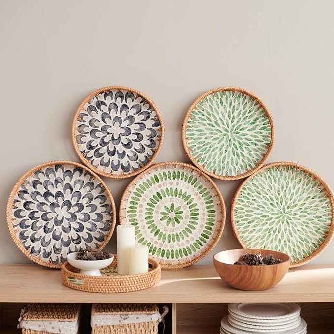 YANGQIHOME Round Serving Tray With Decorative Mother of Pearl Inlay, Rattan Wicker for Home Decor, Table Decor, Gifts, Dining, Woven for Food, Fruit, Coffee, 11.8 Inch