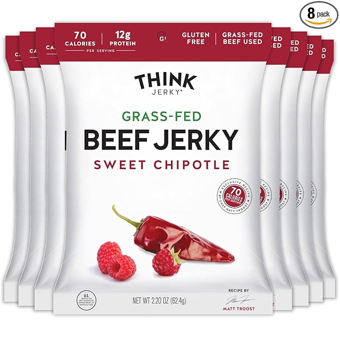 Think Jerky Sweet Chipotle Beef Jerky, Grass-Fed High Protein Beef Jerky, Gluten Free, No Antibiotics or Nitrates, Healthy Chef Crafted Recipe, Low Calorie and Low Fat - 2.2 oz Bags, 8 Pack