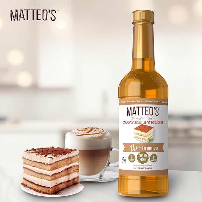 Matteo's Tiramisu Syrup for Coffee, Lattes, Cappuccinos & Desserts – Sugar-Free Sweetener for Beverages, Keto Friendly, Zero Calories, Indulgent Flavor, Non-Alcoholic, Ideal for Coffee 33.8oz (1pk)