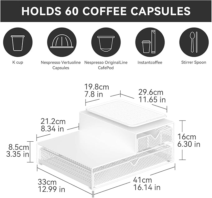 Coffee Maker Countertop Organizer,K Cup Pod Drawers,60 Coffee Capsule Pod Holder,Integrated Design Requires No Assembly.Slidng Storage Pod Baskets,K Cup holder,Silicone Drink Coasters