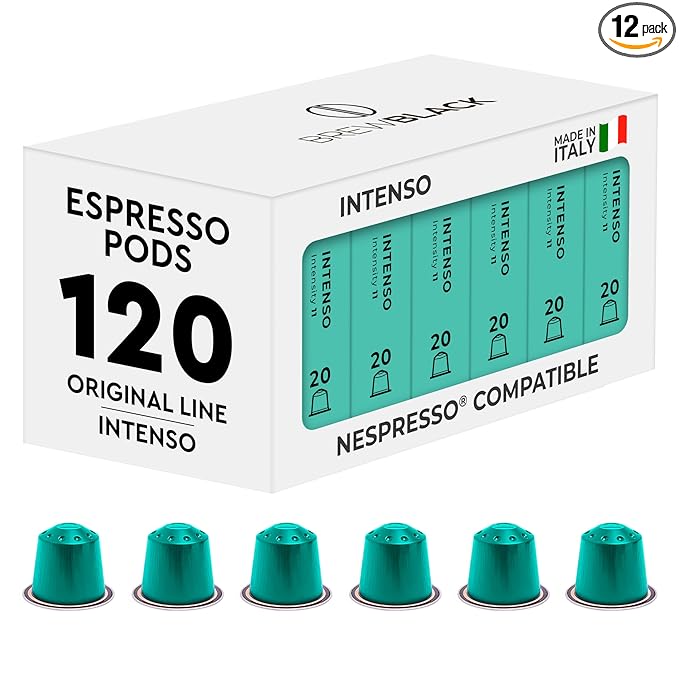 BrewBlack Intenso Coffee Capsules - 120 Aluminum Coffee Pods Compatible with Nespresso Original line, Dark Roast - Intensity 11/12, Made in Italy