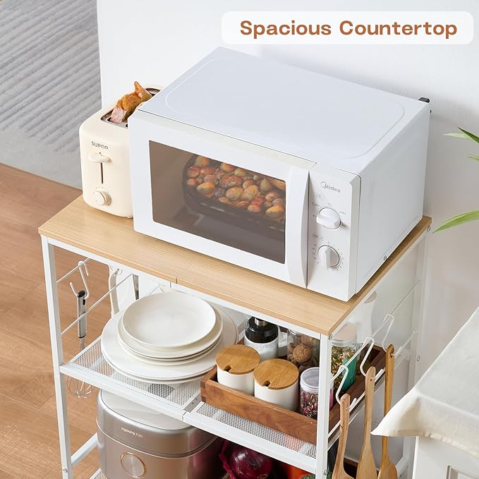 Rolling Kitchen Microwave Cart, 3 Tier Microwave Stand with Storage, Small Kitchen Island on Wheels, Wood and Mental Kitchen Shelf Rack, White Organizer for Living Room, Office, Balcony